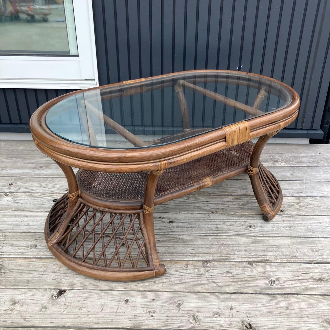 昭和レトロ ヴィンテージ ラタンオーバルテーブル センターテーブル 楕円形