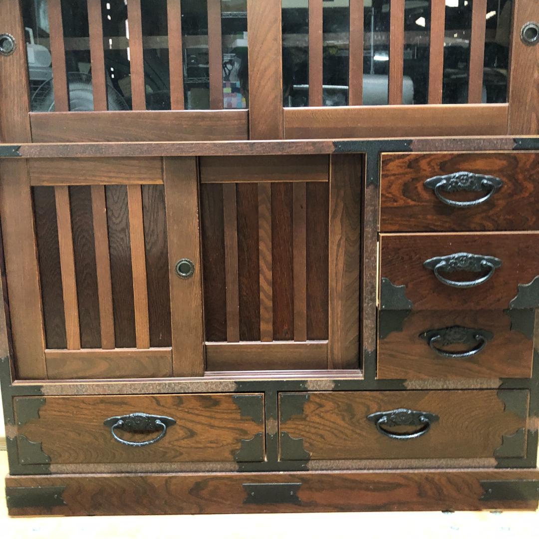 けやき民芸 90飾棚 和風 レトロ家具 ガラス戸付き 食器棚 　250720-6