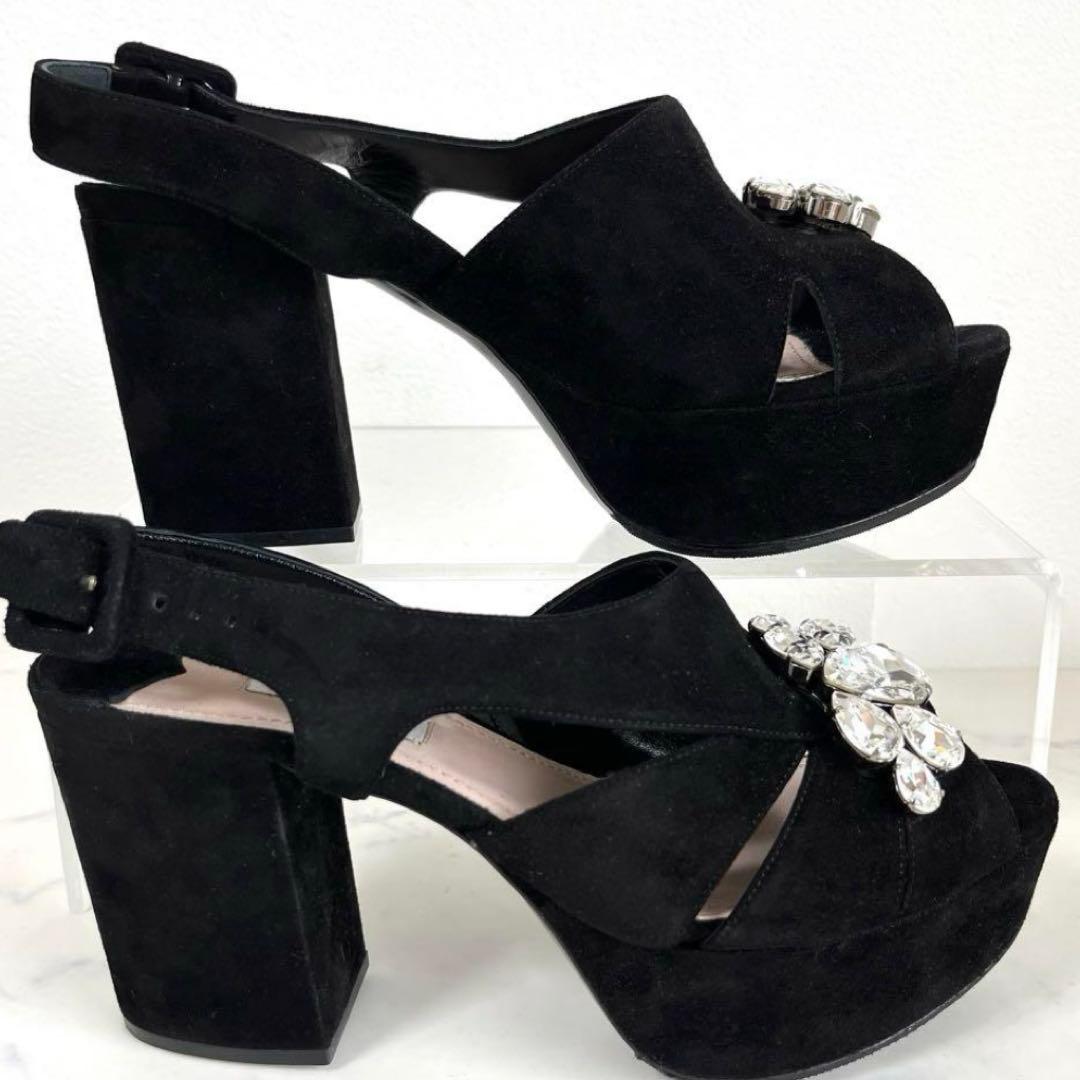 美品 MIUMIU 36.5 ビジュー サンダル チャンキーヒール スエード 黒