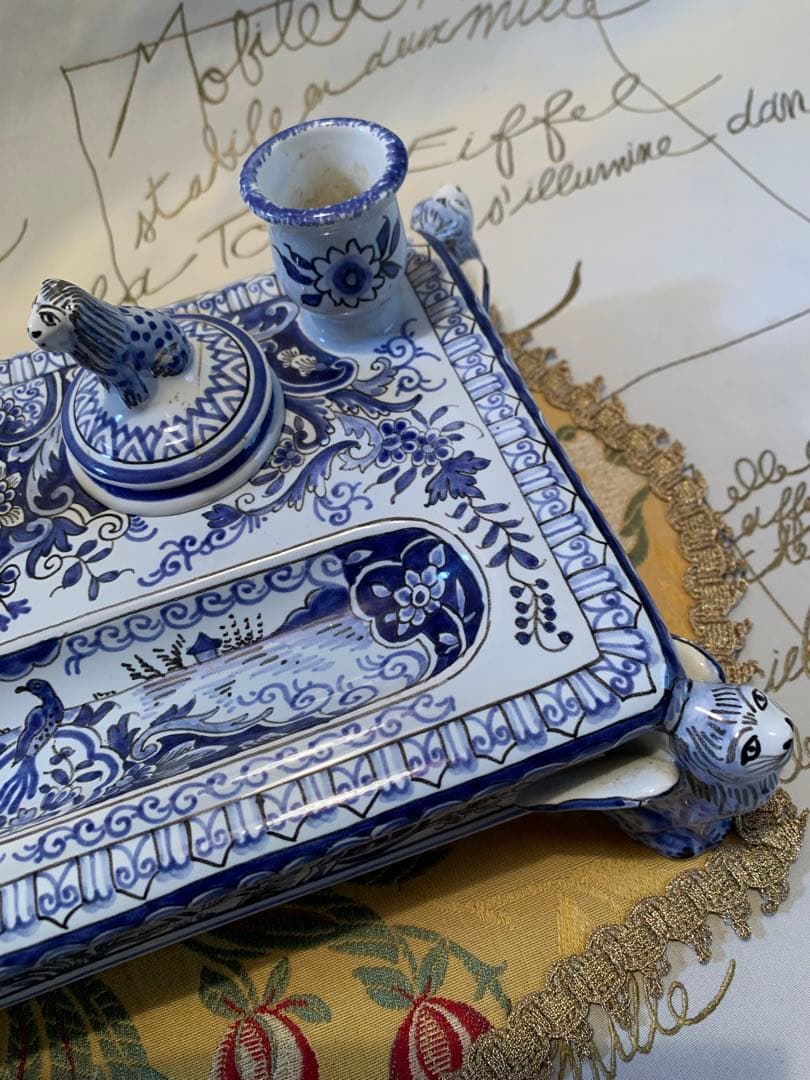 フランス製　破格！ビンテージのルーアン窯のローソク立て付きインク壺プレート！