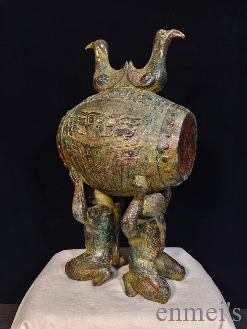 中国古美術 漢代 青銅器 跪人双鳥鼓 古代楽器 打楽器 禮楽器 青銅美術 骨董品