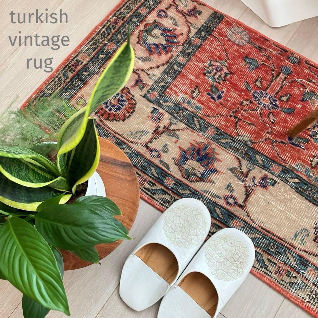 レッド53×163フローラル　ネイビー　ランナー　ロング　トルコヴィンテージラグ