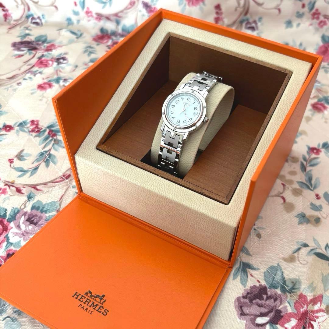【未使用】HERMES クリッパー 腕時計 シルバー ホワイト 外箱付き