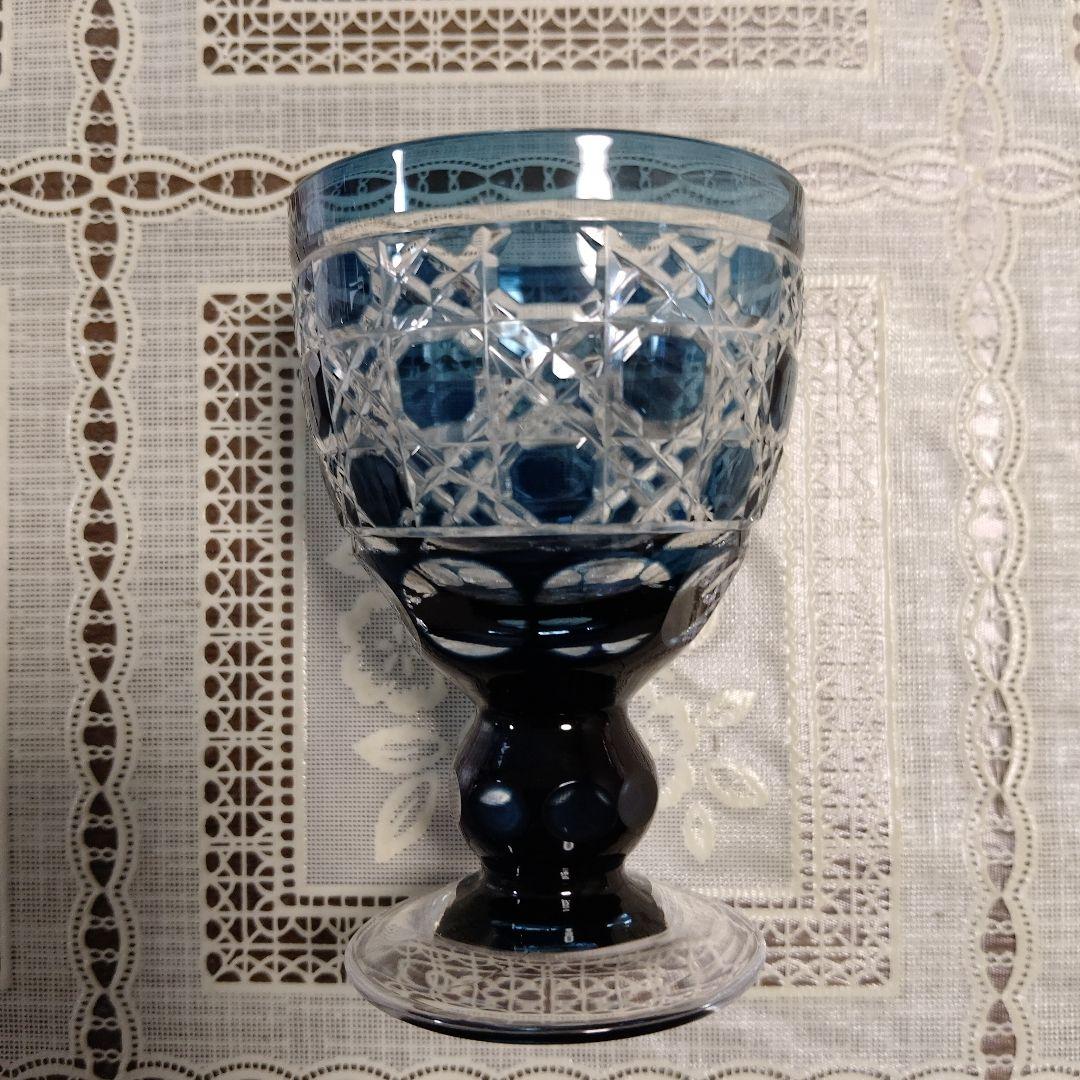 \"未使用\" ヤマザキガラス製　薩摩切子　色彩グラス3個セット(南蛮青、赤、藍)