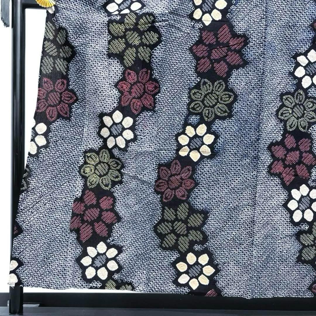 浴衣　有松鳴海絞り　縦　花模様　ネイビー系　着物　054w d