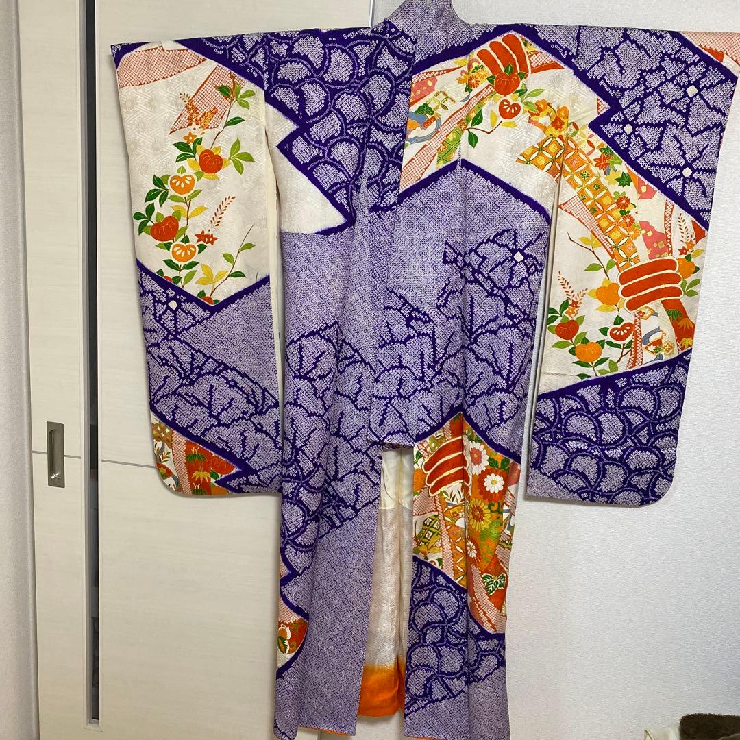 振袖　長襦袢　袋帯　3点セット　紺色　紫　有松絞り　鹿の子絞り　金駒刺繍　金彩