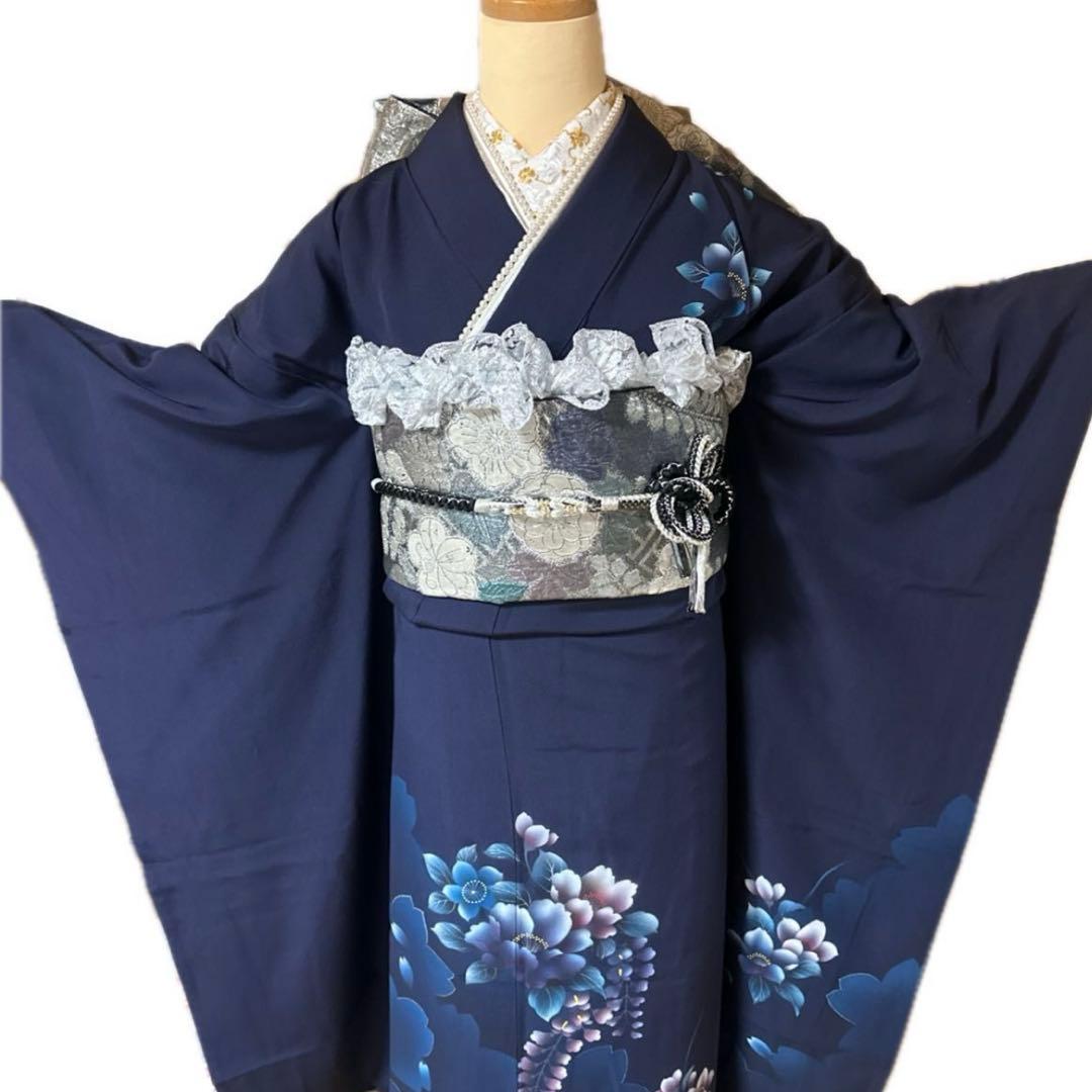 雪の女王❤︎あふれる透明感 紺×シルバーレースの振袖フルセット 成人式