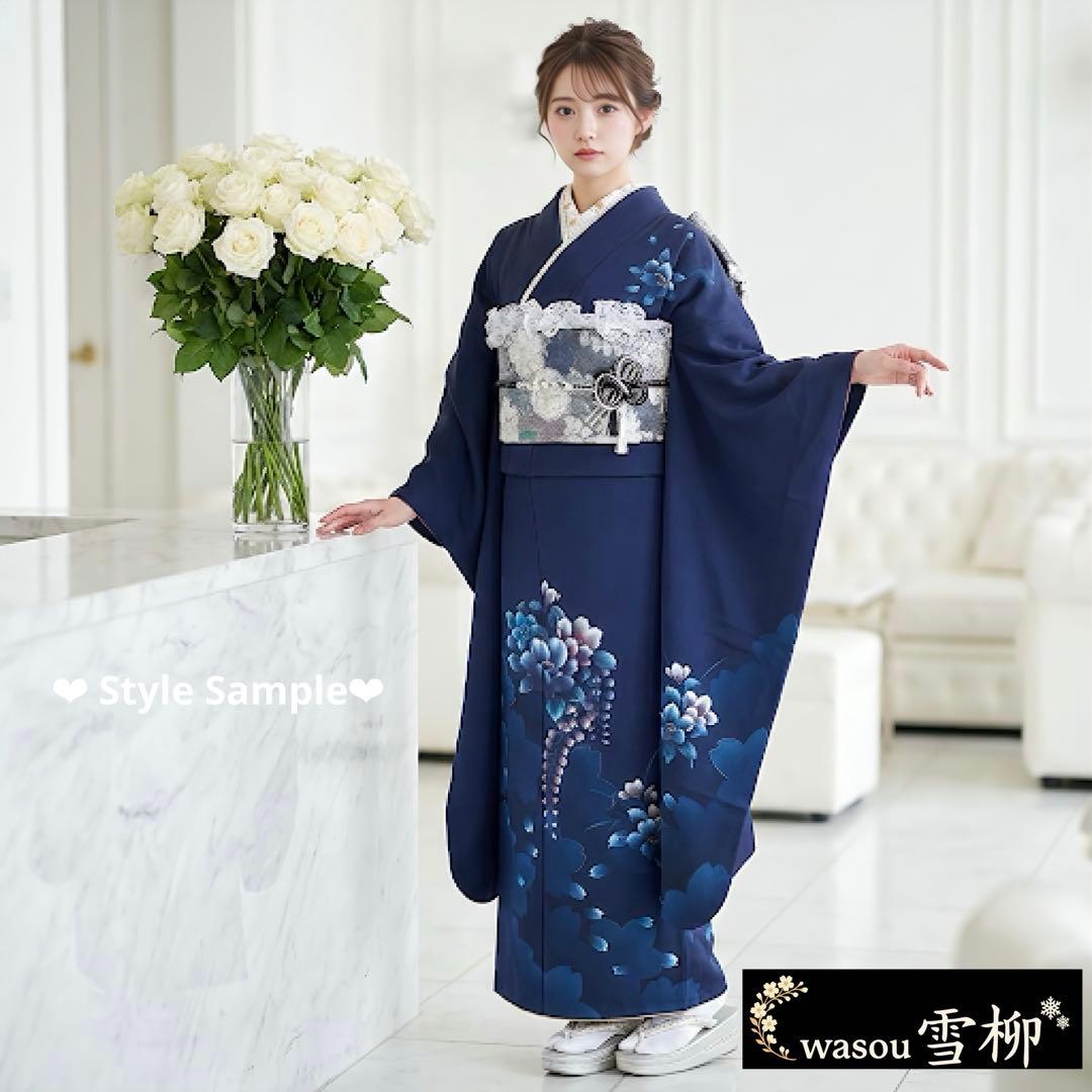 雪の女王❤︎あふれる透明感 紺×シルバーレースの振袖フルセット 成人式