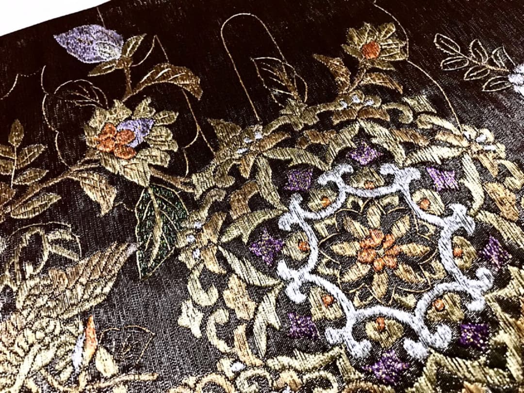 正絹 袋帯 金糸 豪華♡刺繍 華紋 花喰い鳥 花唐草