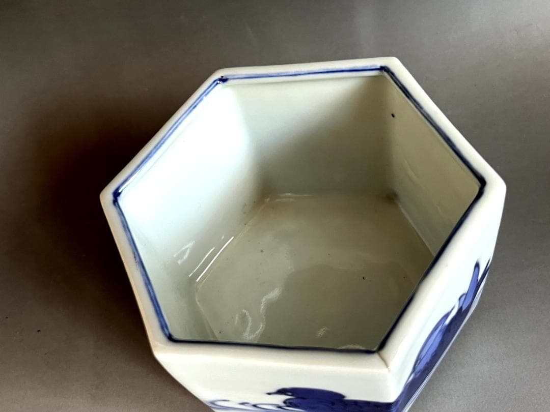 鉢■染付鴨図六角鉢 浮き草 水辺 青華 江戸後期 古美術 時代物 骨董品■