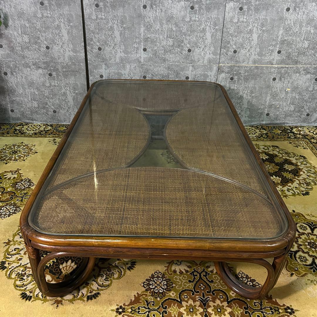 ꧁籐家具꧂ラタン座卓&座椅子2脚セット ガラス 食卓 机 椅子 いす イス