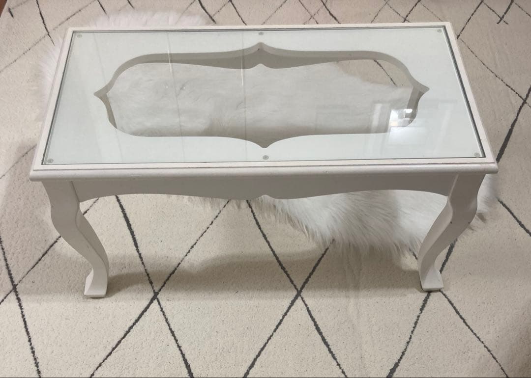 ホワイト 姫系家具 猫足 ロココ調ガラスローテーブル 横幅75cm 引き取りも可