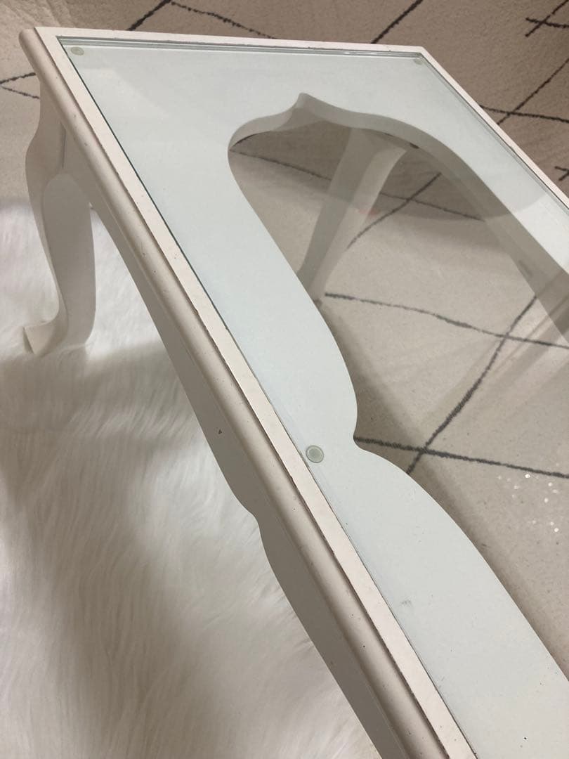 ホワイト 姫系家具 猫足 ロココ調ガラスローテーブル 横幅75cm 引き取りも可