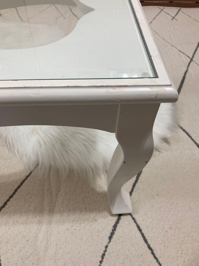 ホワイト 姫系家具 猫足 ロココ調ガラスローテーブル 横幅75cm 引き取りも可
