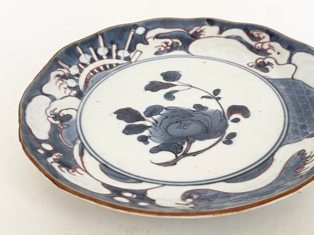 骨董　アンティーク　藍九谷　古九谷金銀彩　輪花　七寸皿　牡丹　蛇籠　水車