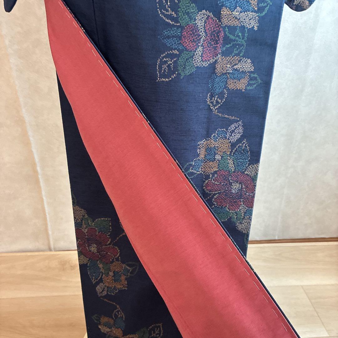 小紋　フルセット　着物　紬　正絹　紺色　大人花紬　G7