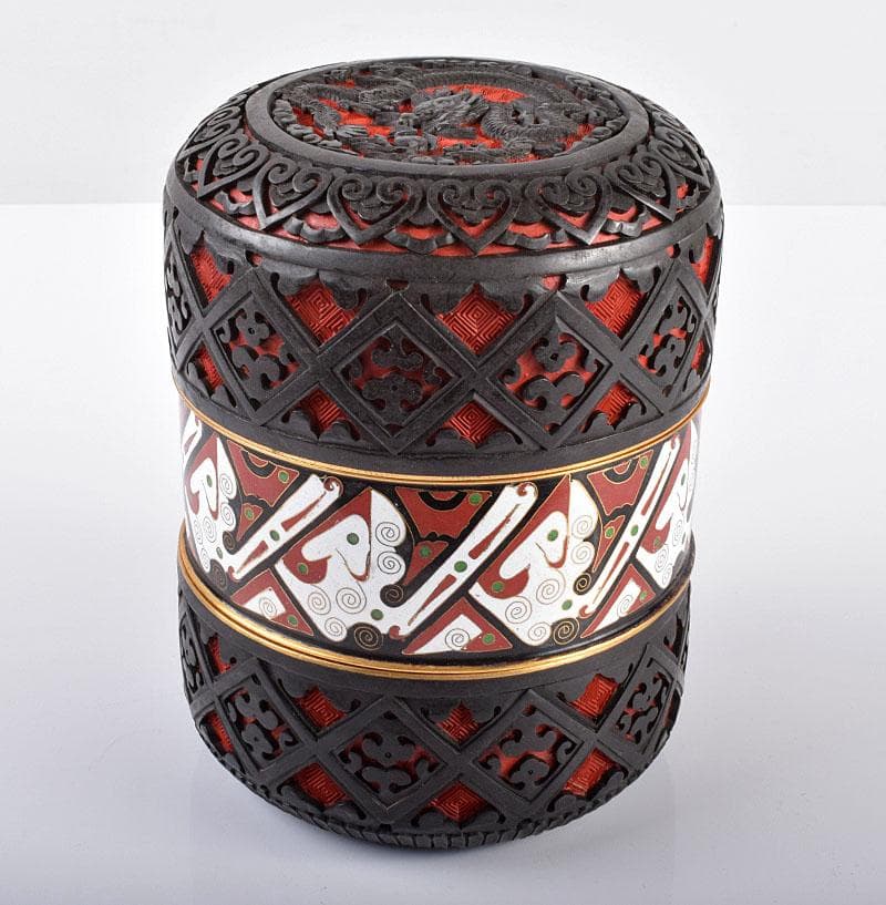 中国　剔紅　堆朱　堆黒　内七宝　雲龍文　三段重箱　H　R5782