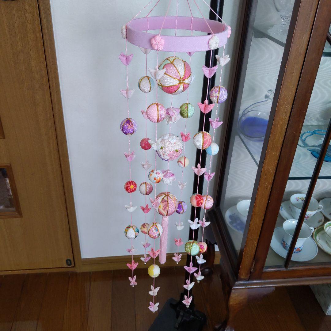 ちりめん細工　お花とまりの下げ飾り(大)　ピンク