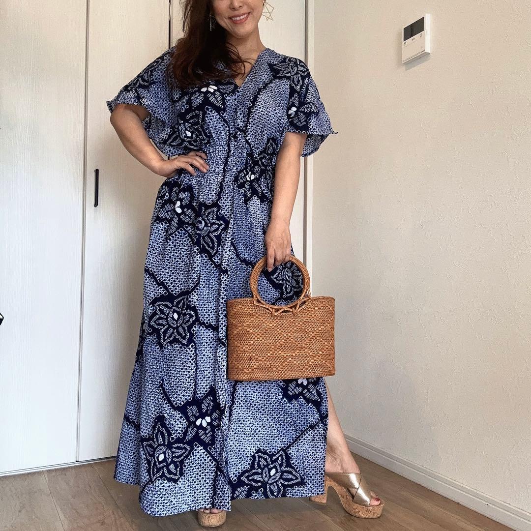 一点物　浴衣　有松絞り　ワンピース ハンドメイド　マキシ　シンプル　単色