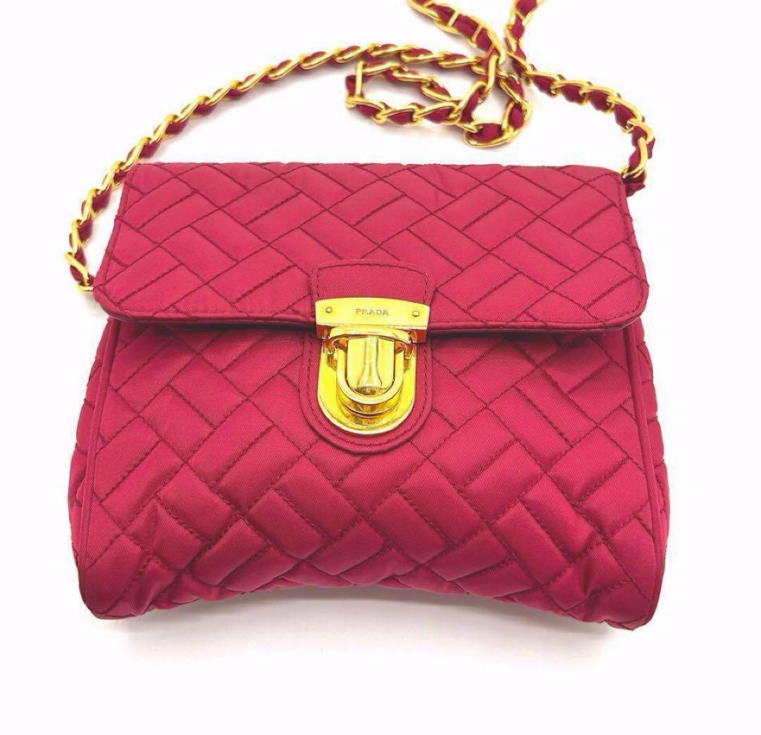 【極美品】 PRADA チェーンショルダーバッグ キルティングピンク