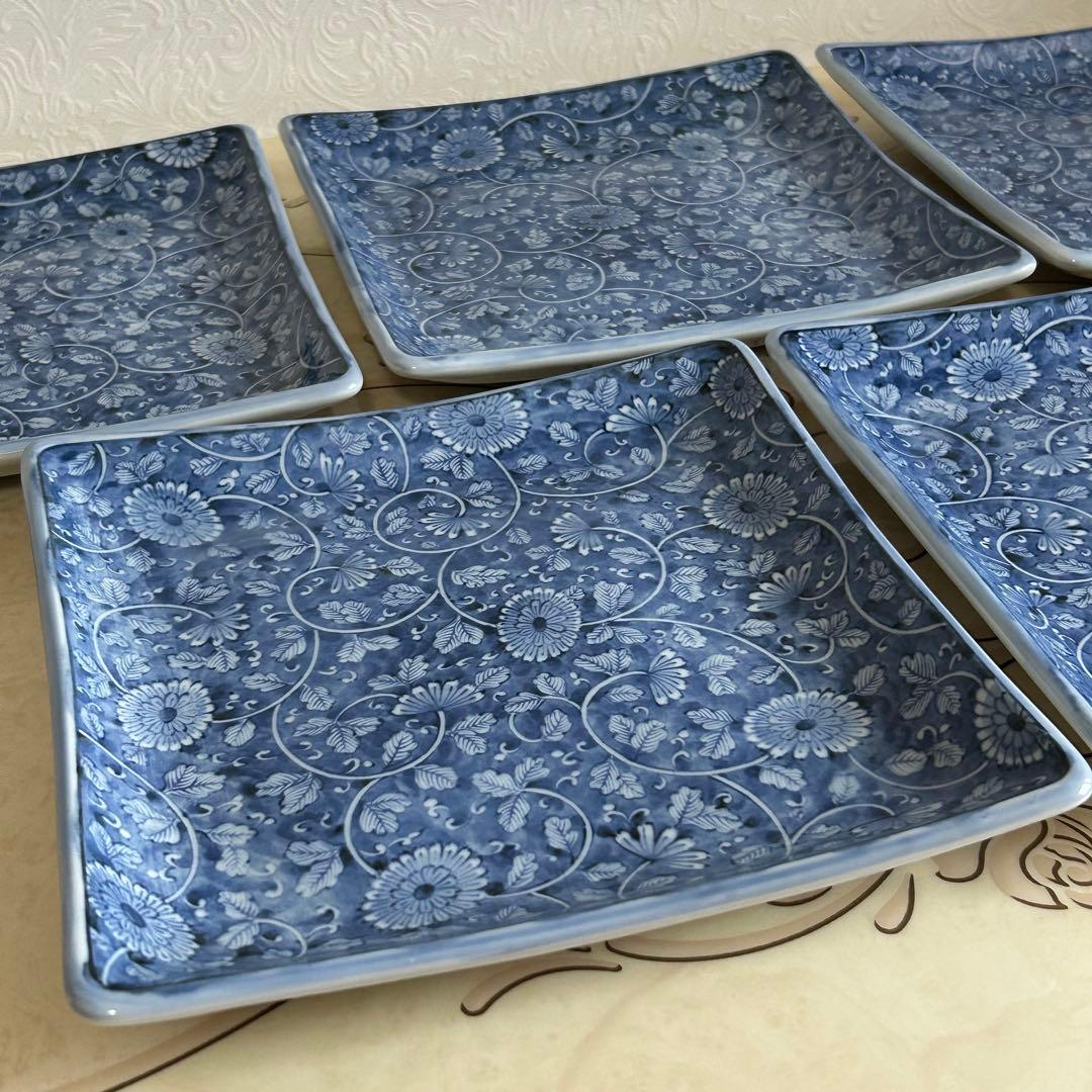 三洋陶器　龍峰窯　染付唐草　大皿　角皿　5枚セット　足付き　和食器　盛皿和皿中皿