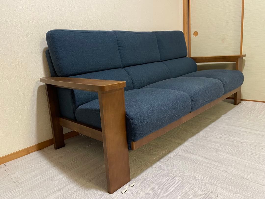 ノーチェ　ダークブルー 木製フレーム 3人掛けソファ