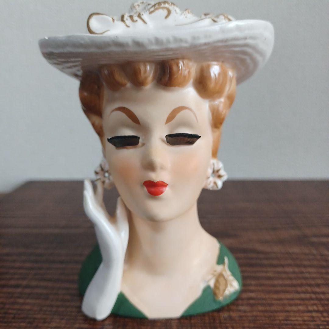 ビンテージ レディヘッドベース 陶器製置物花瓶　右手を頬の添えた美女3点セット
