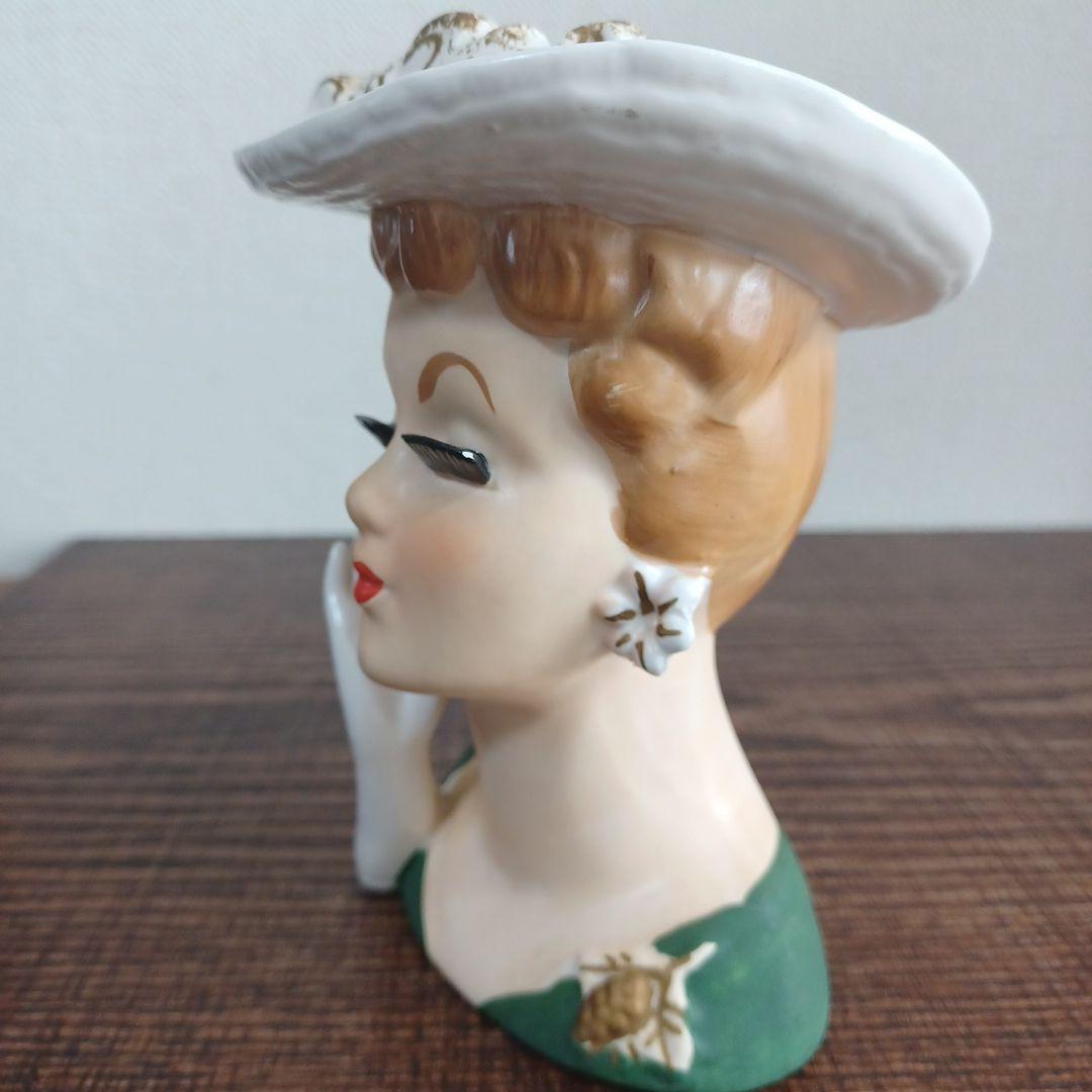 ビンテージ レディヘッドベース 陶器製置物花瓶　右手を頬の添えた美女3点セット