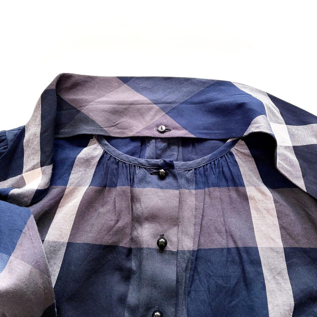 ブルーレーベルクレストブリッジ チェック柄 ボウタイ リボン ブラウス ネイビー