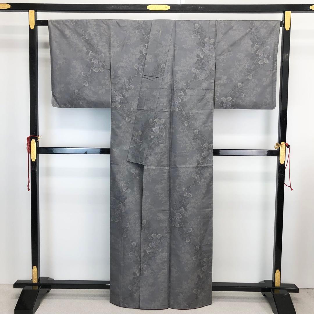 本場大島紬 証紙付 横双 花模様 葡萄鼠色 KK-1764