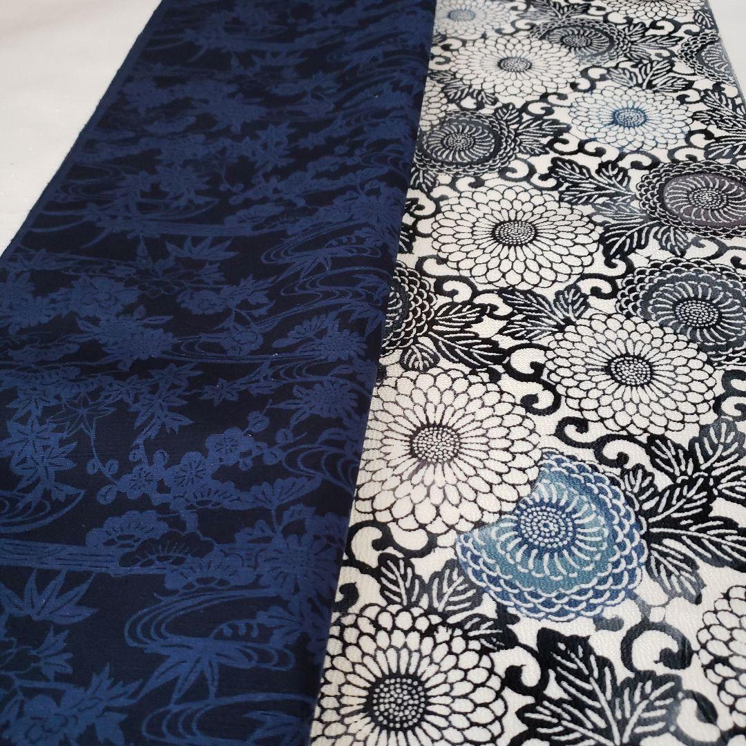 半幅帯 正絹 手差し紅型調 藍染め結城紬 長尺リバーシブル