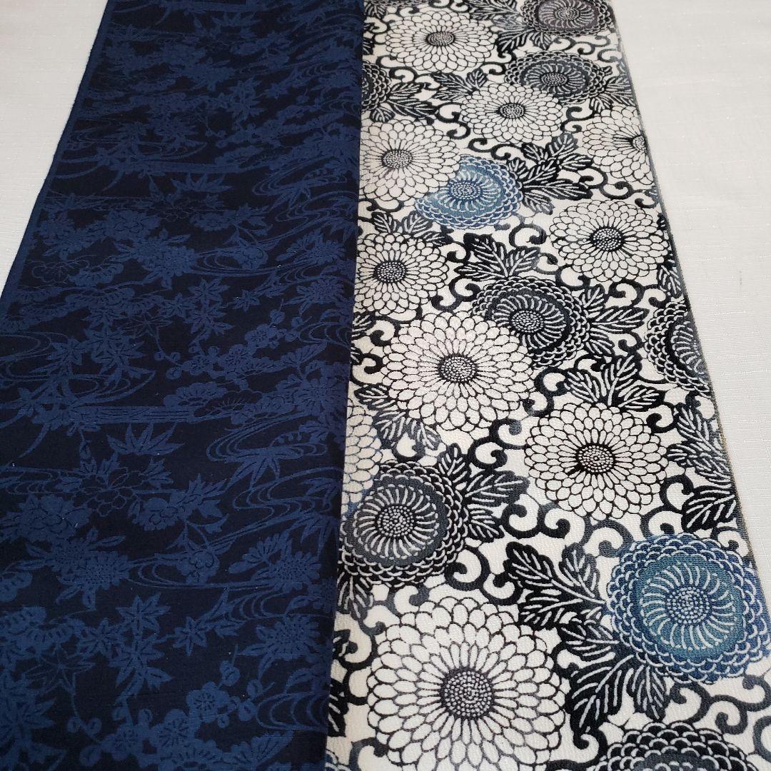 半幅帯 正絹 手差し紅型調 藍染め結城紬 長尺リバーシブル