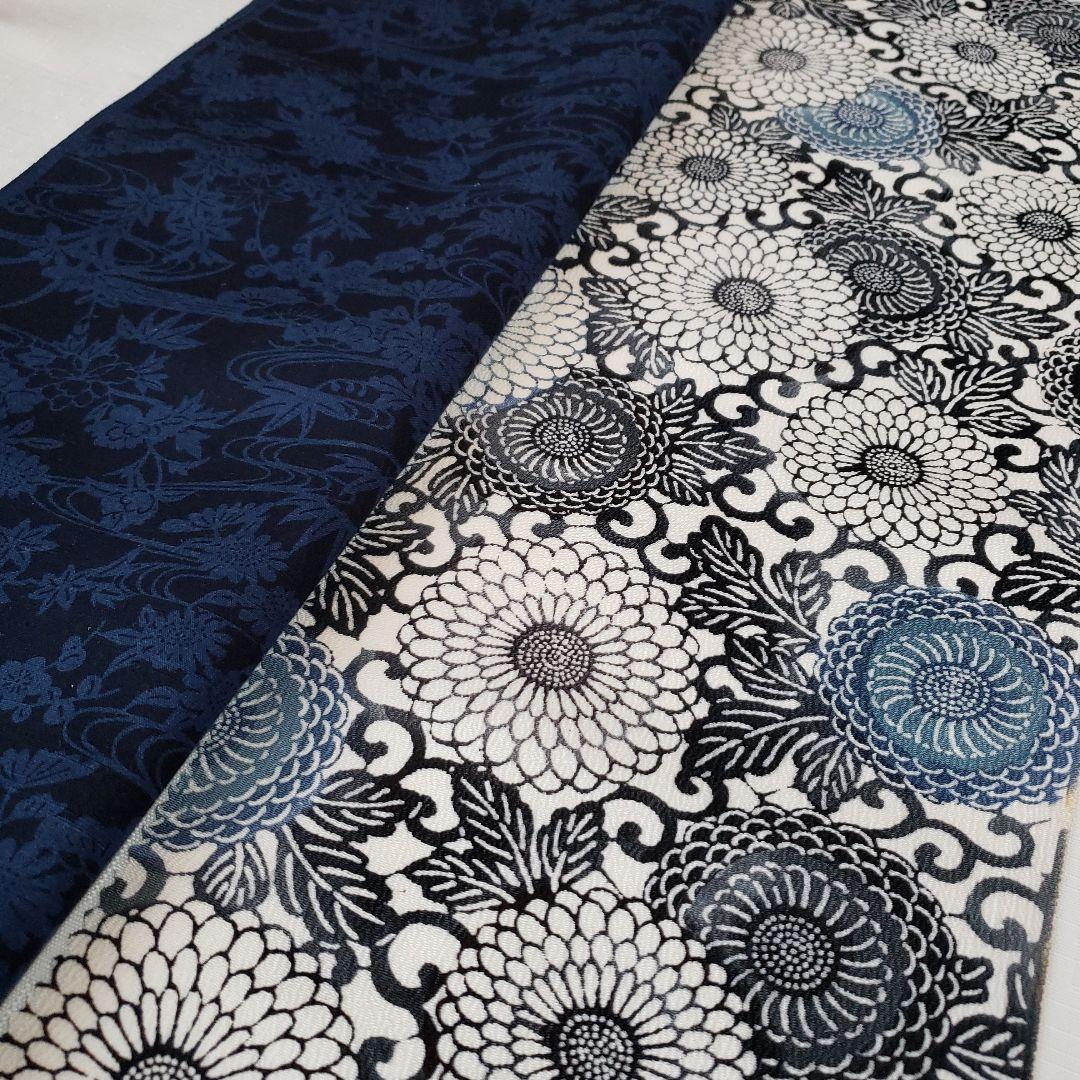 半幅帯 正絹 手差し紅型調 藍染め結城紬 長尺リバーシブル