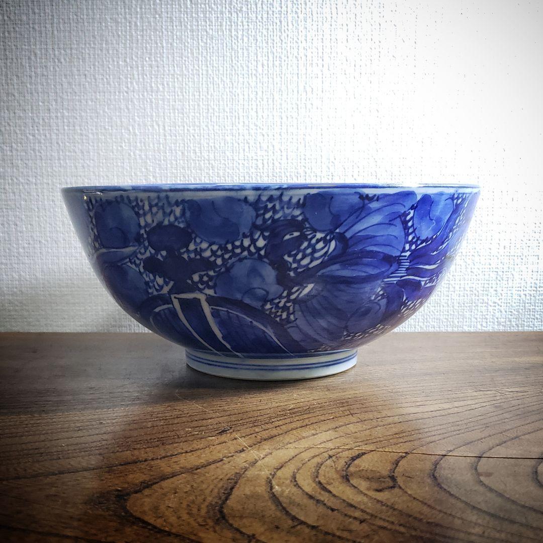 江戸期 染付 龍鳳凰文 大鉢 どんぶり 径19cm 骨董 古伊万里 縁起物