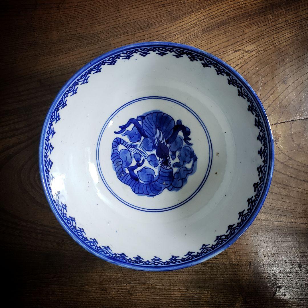 江戸期 染付 龍鳳凰文 大鉢 どんぶり 径19cm 骨董 古伊万里 縁起物