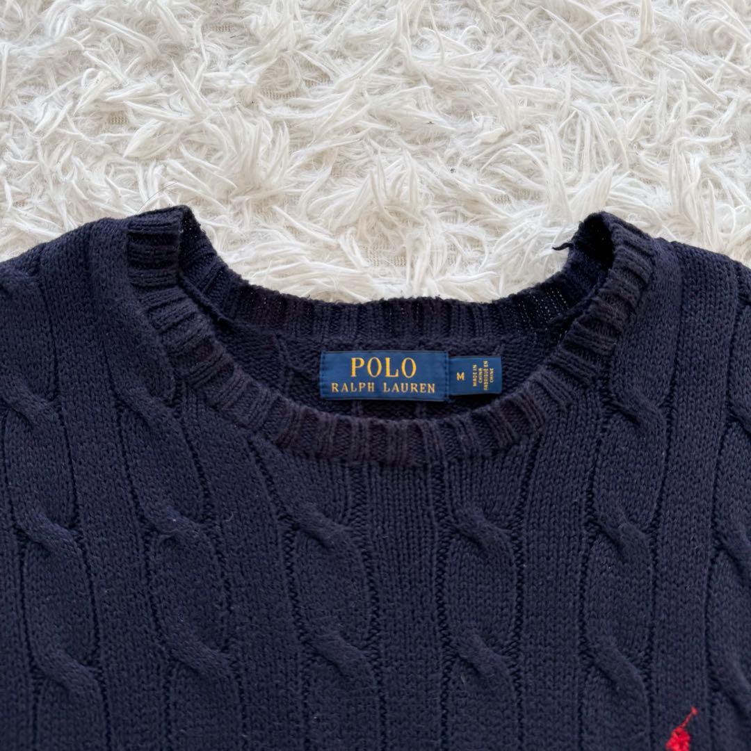 POLO RALPH LAURENケーブルニットセーター ネイビー 刺繍ロゴ M