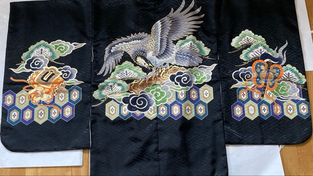 七五三用伝統和装 黒と青のストライプ　5歳