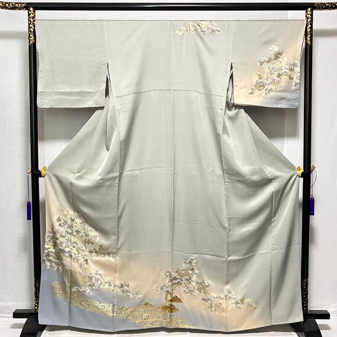 D27 訪問着 笠松 流水 金箔 正絹 着物 袷 極美品