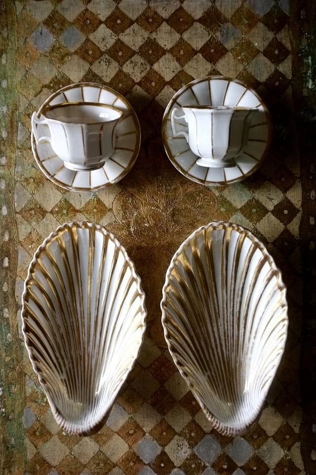 19世紀 金の貝と大きなラヴィエb パリ窯 プレート シェル アンティーク