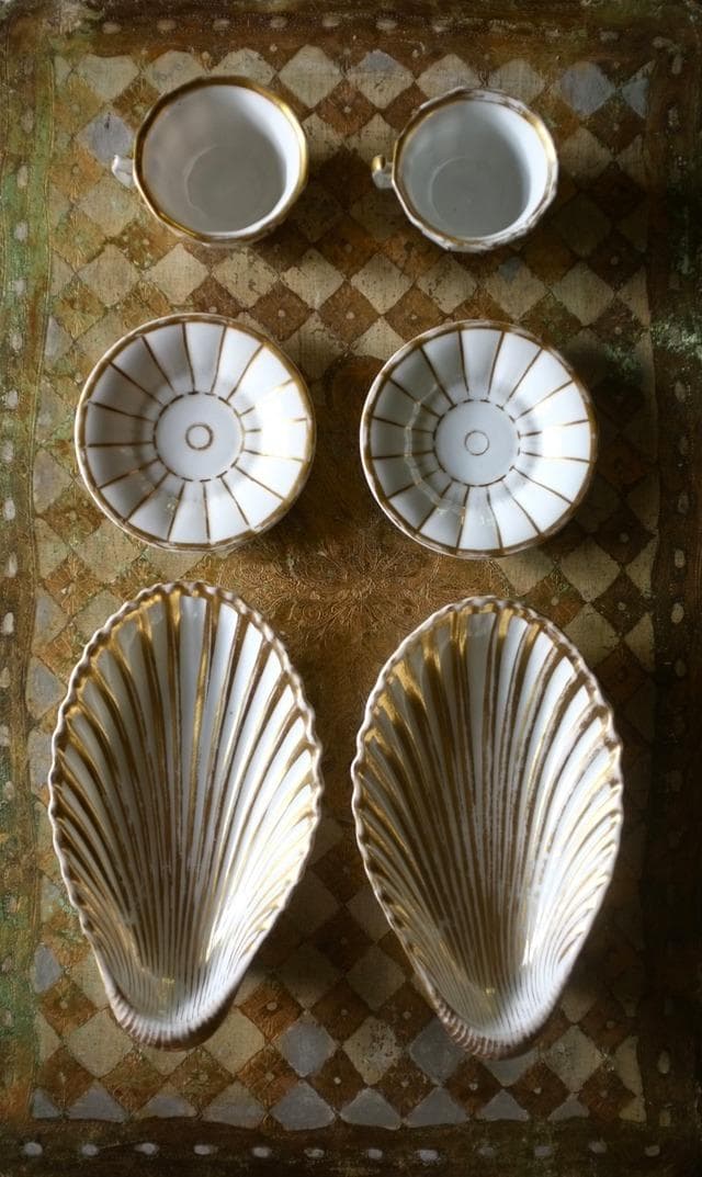 19世紀 金の貝と大きなラヴィエb パリ窯 プレート シェル アンティーク