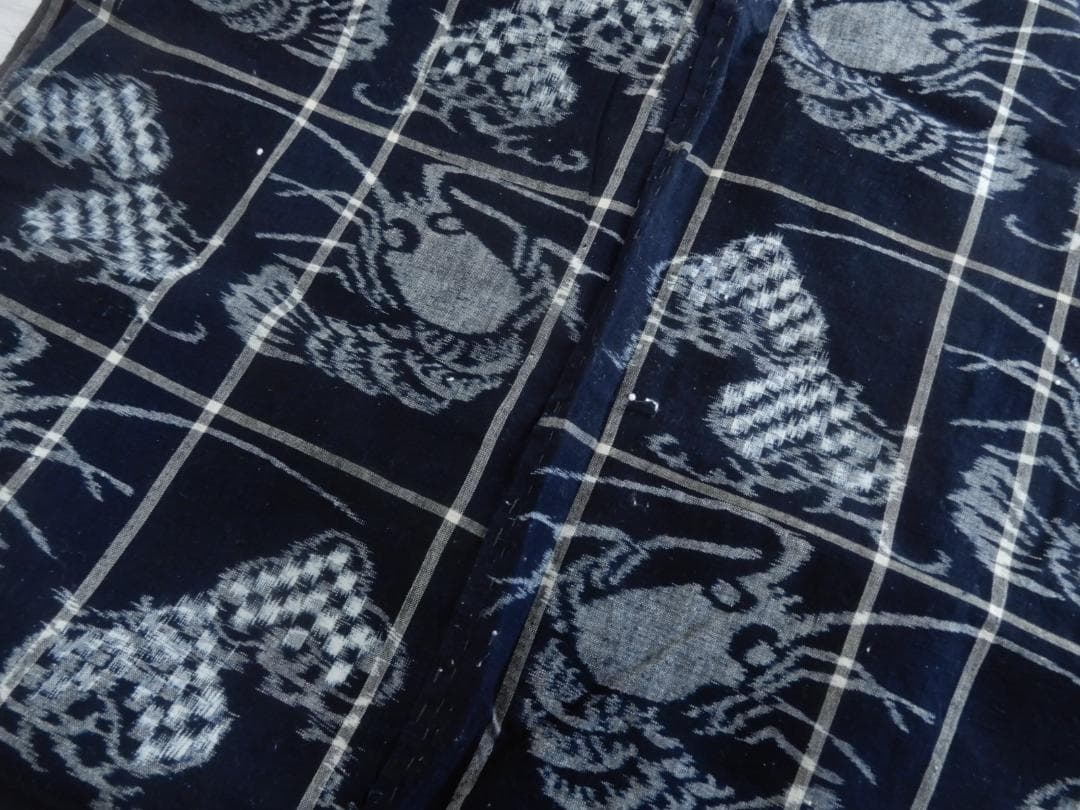 木綿・明治期・松に海老・山陰絣・4巾・たてよこ絣織・手織藍染品