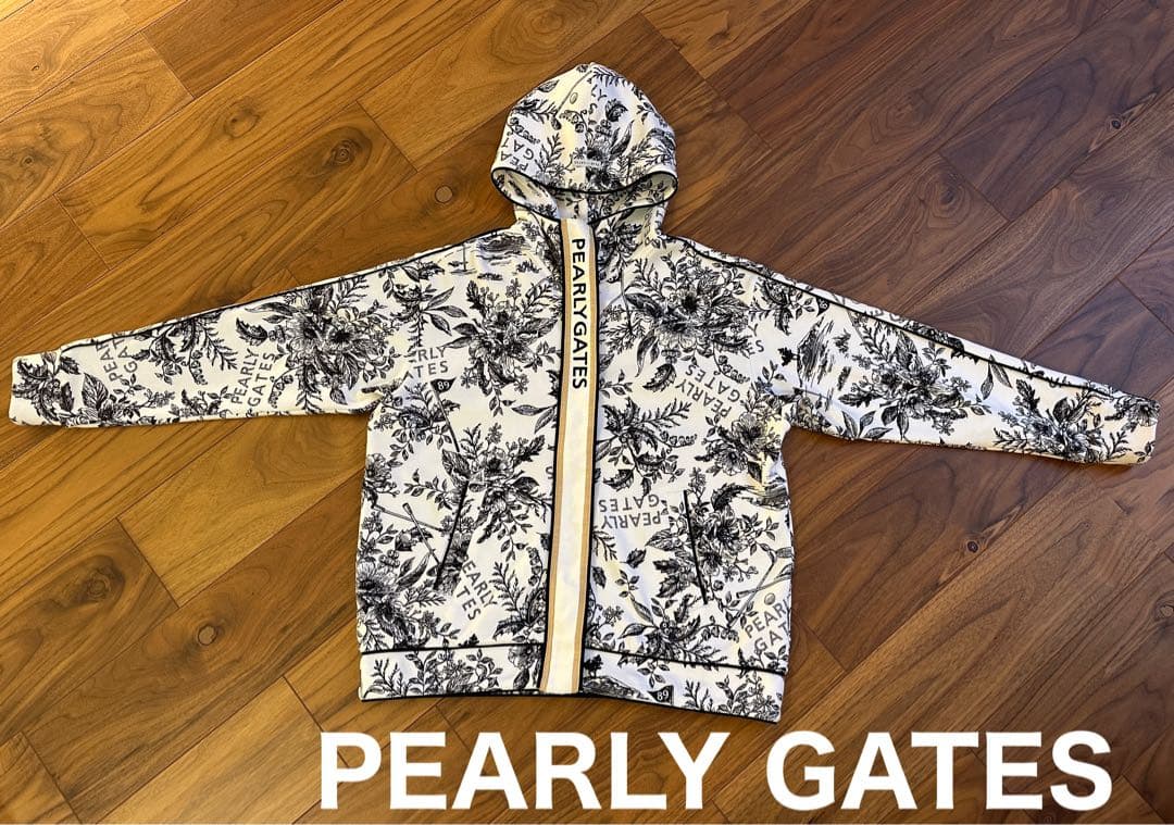 パーリーゲイツ　花柄ジップパーカー　フーディ　サイズ１　ホワイト　レディース