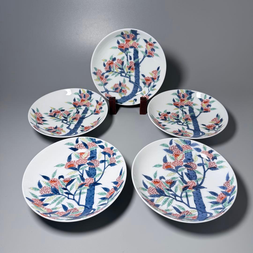 有田焼　鍋島様式　彩雲作　色鍋島栗文様高台皿　五枚揃い　共箱　直径17.5cm