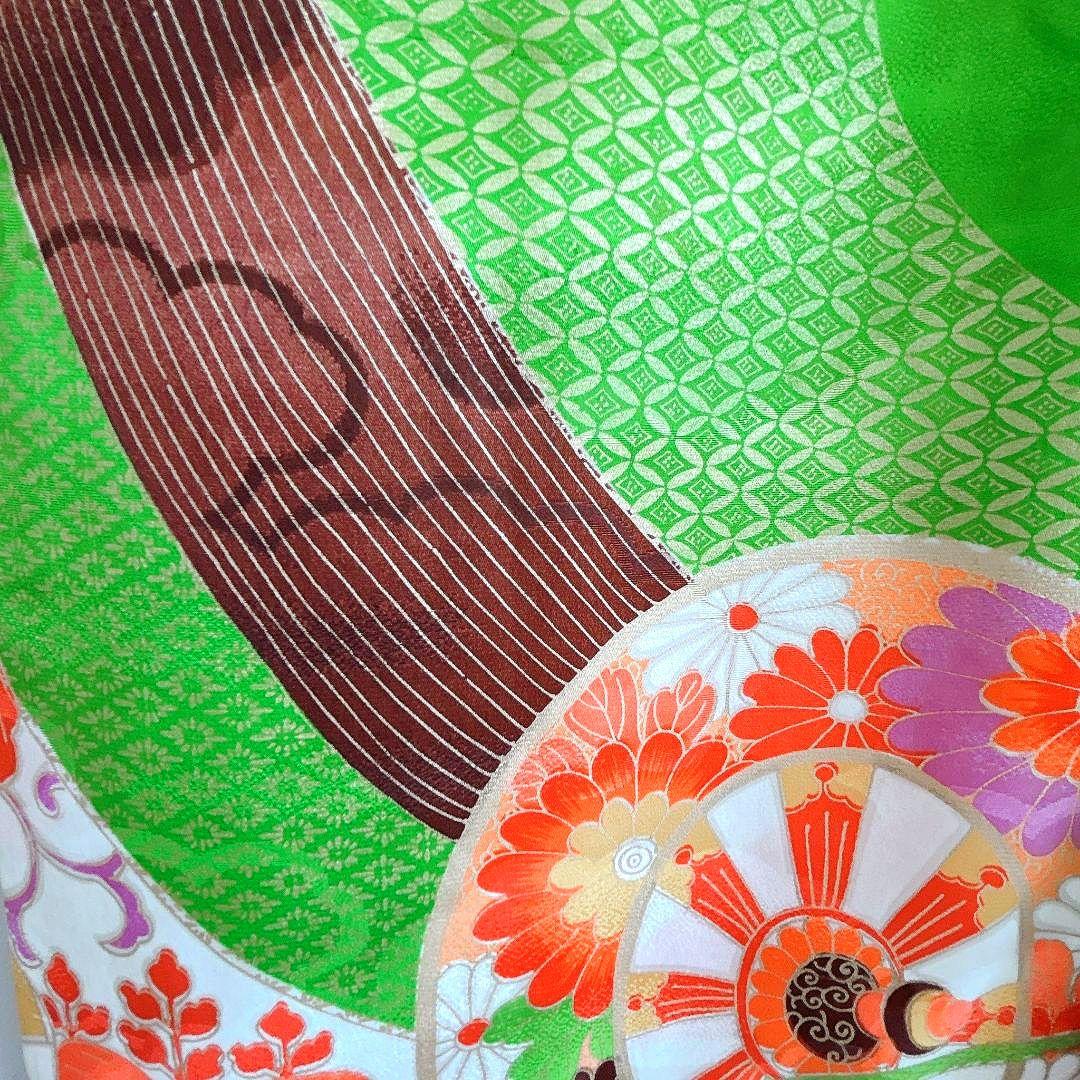 セット　七五三　7歳女の子　長着＆袋帯＆長襦袢＆小物　緑　源氏車金糸青海波　地紋