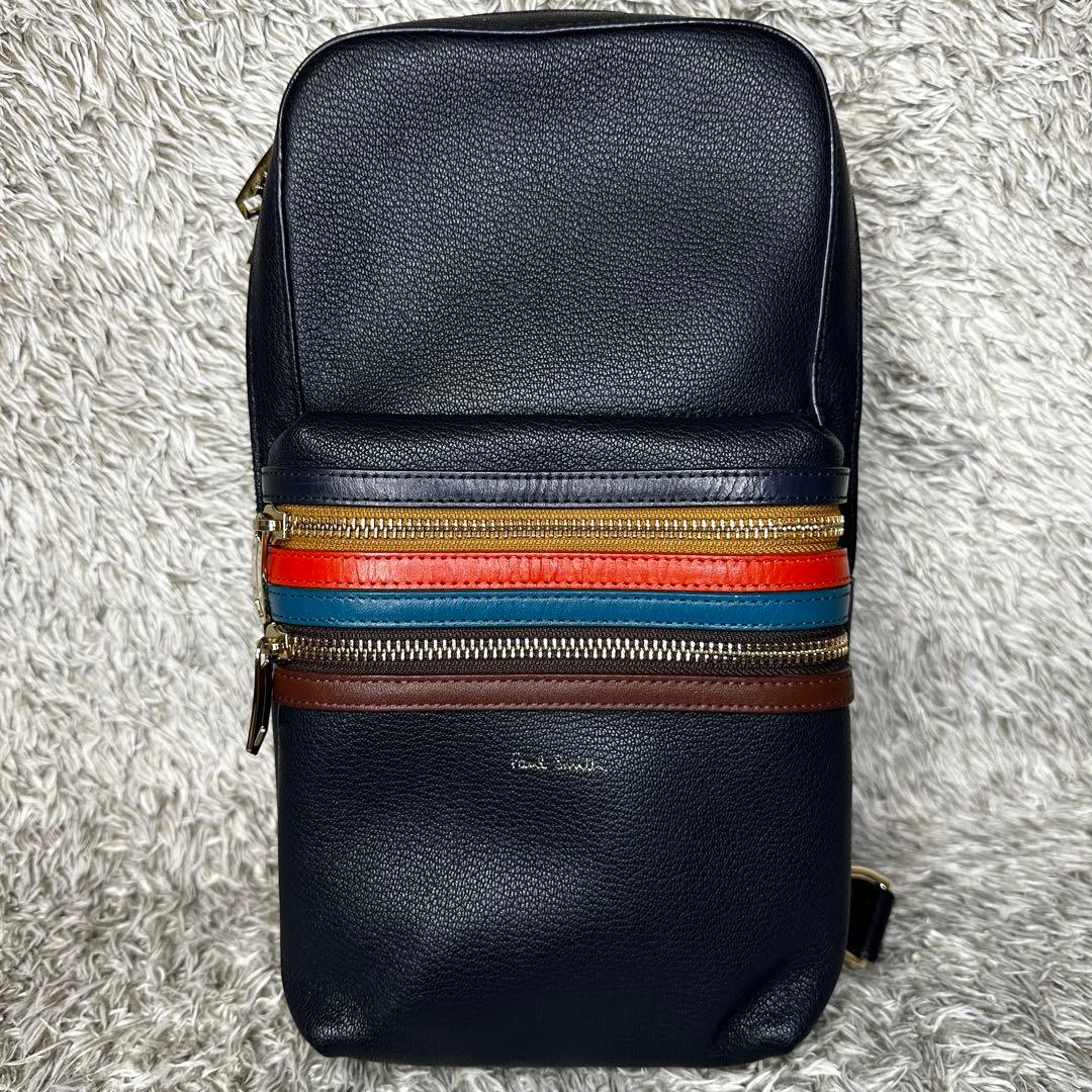 【極美品】ポールスミス　ショルダーバッグ マルチストライプ　ネイビー　レザー