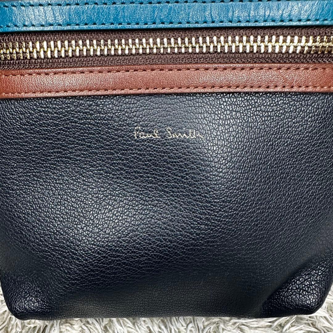 【極美品】ポールスミス　ショルダーバッグ マルチストライプ　ネイビー　レザー