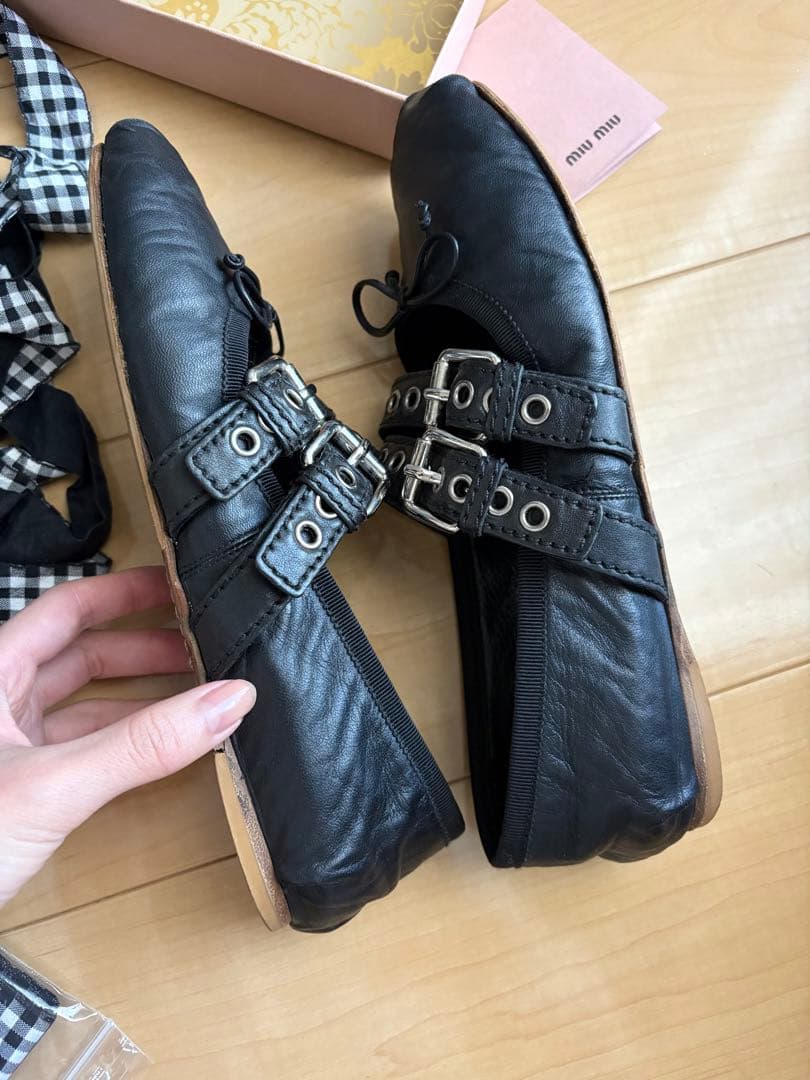 miumiu ミュウミュウ　ダブルストラップ　バレエシューズ　ギンガムチェック