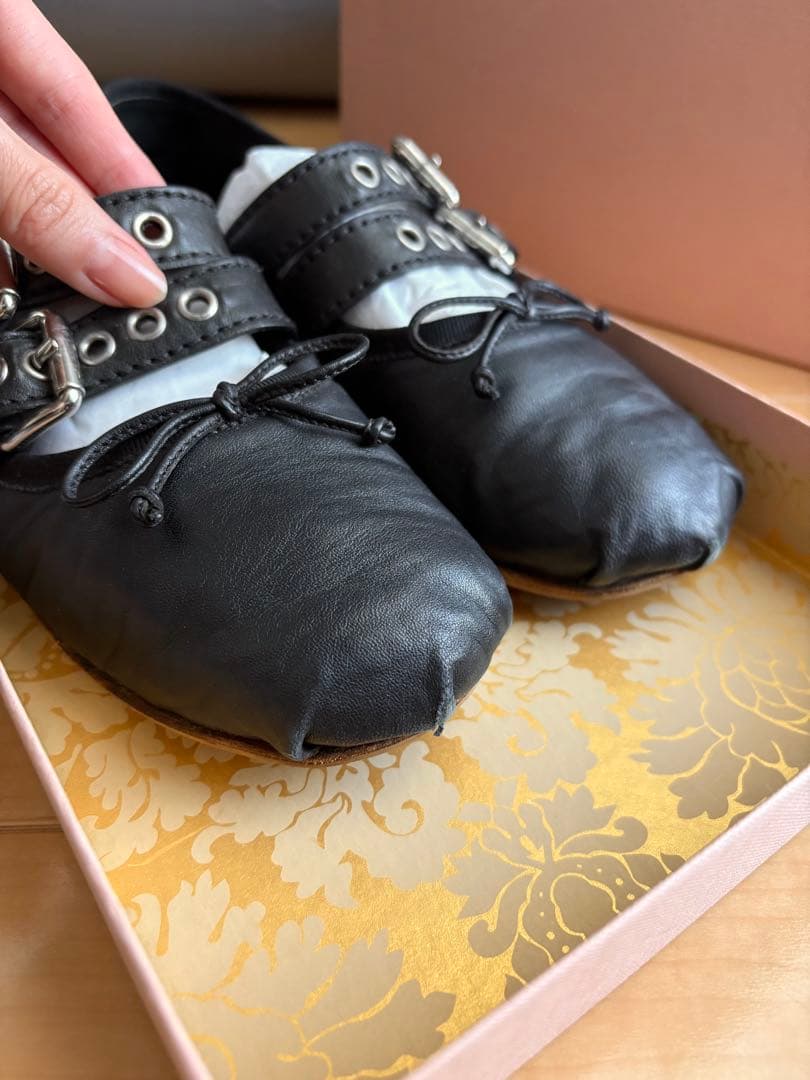 miumiu ミュウミュウ　ダブルストラップ　バレエシューズ　ギンガムチェック