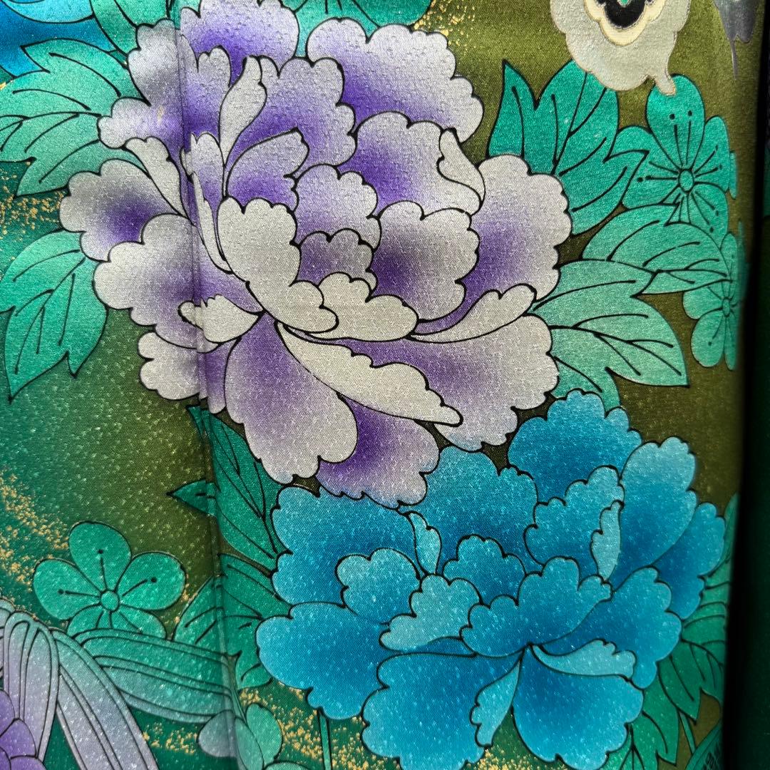 豪華振袖10点フルセット　緑系　ラメ　金彩 松竹梅　牡丹　つけ袖黒レース　可愛い