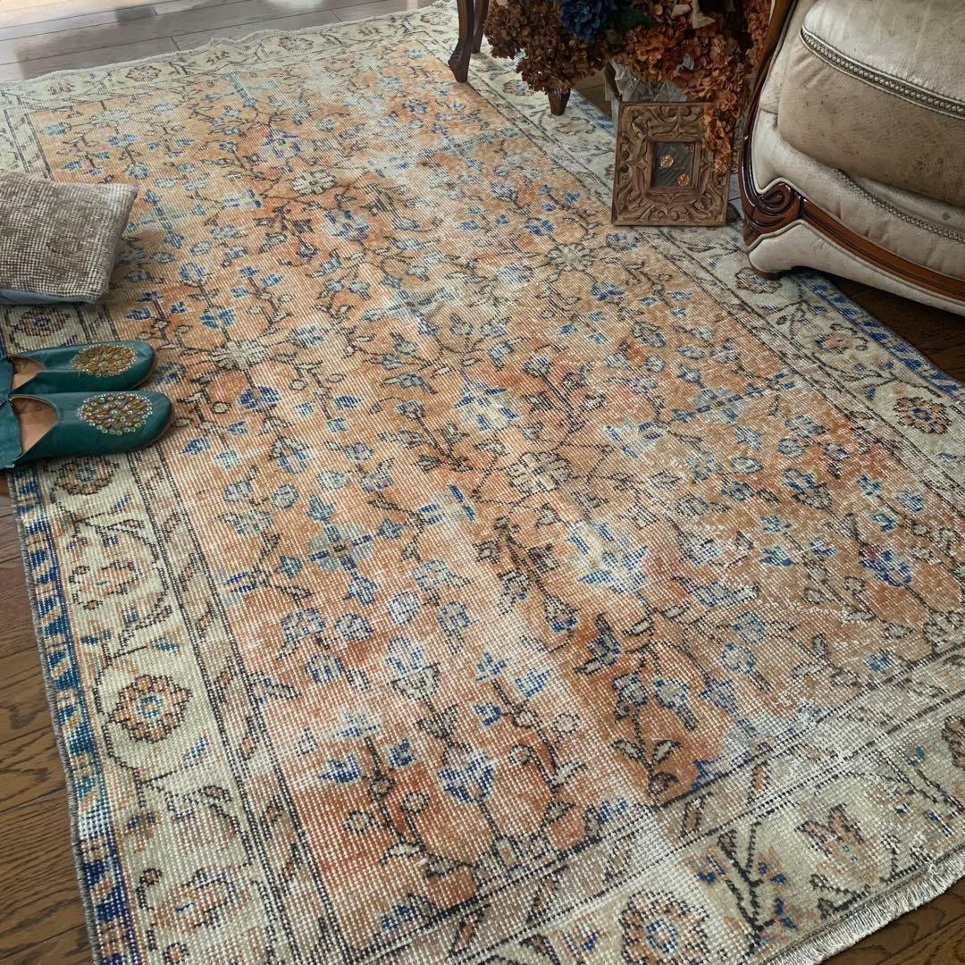 トルコヴィンテージラグ　 シャビーオレンジ　200×114 幅広　 ボタニカル